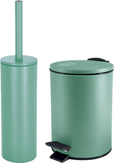 Spirella Badkamer/toilet accessoires set - toiletborstel en pedaalemmer - 3L - metaal - salie groen - Badkameraccessoire