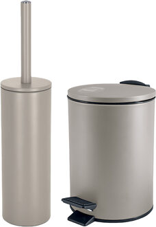 Spirella Badkamer/toilet accessoires set - WC-borstel en pedaalemmer 3L - metaal - beige