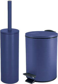 Spirella Badkamer/toilet accessoires set - WC-borstel en pedaalemmer 3L - metaal - blauw
