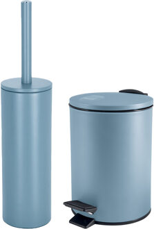 Spirella Badkamer/toilet accessoires set - WC-borstel en pedaalemmer 3L - metaal - lichtblauw
