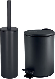 Spirella Badkamer/toilet accessoires set - WC-borstel en pedaalemmer 5L - metaal - zwart