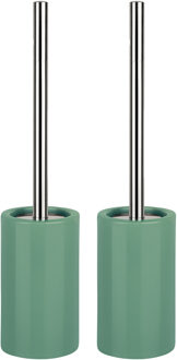 Spirella Luxe Toiletborstel in houder Sienna - 2x - salie groen glans - porselein - 42 x 10 cm - met binnenba