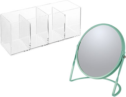 Spirella Make-up organizer en spiegel set - 4 vakjes - plastic/metaal - 5x zoom spiegel - groen/transparant