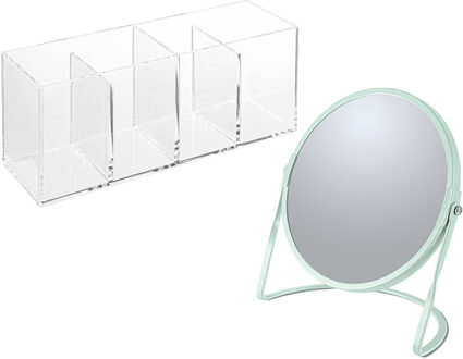 Spirella Make-up organizer en spiegel set - 4 vakjes - plastic/metaal - 5x zoom spiegel - mint/transparant