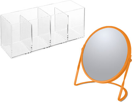 Spirella Make-up organizer en spiegel set - 4 vakjes - plastic/metaal - 5x zoom spiegel - oranje/transparant