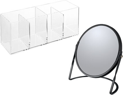 Spirella Make-up organizer en spiegel set - 4 vakjes - plastic/metaal - 5x zoom spiegel - zwart/transparant