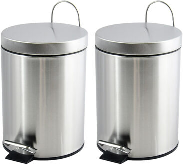 Spirella MSV kleine pedaalemmer - 2x - rvs - zilver - 5L - 20 x 27 cm - Badkamer/toilet - Pedaalemmers Zilverkleurig