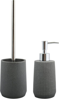 Spirella MSV Toiletborstel in houder 35 cm/zeeppompje set Squares - Polyresin/rvs - donkergrijs - Badkameraccessoireset