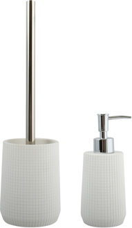 Spirella MSV Toiletborstel in houder 35 cm/zeeppompje set Squares - Polyresin/rvs - ivoor wit - Badkameraccessoireset