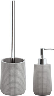 Spirella MSV Toiletborstel in houder 35 cm/zeeppompje set Squares - Polyresin/rvs - lichtgrijs - Badkameraccessoireset