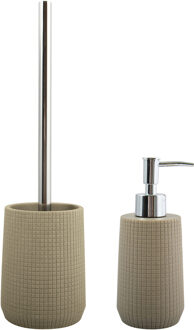 Spirella MSV Toiletborstel in houder 35 cm/zeeppompje set Squares - Polyresin/RVS - taupe/beige - Badkameraccessoireset