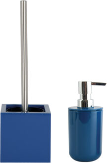 Spirella MSV Toiletborstel in houder 37 cm/zeeppompje set Moods - mdf hout/kunststof - blauw - Badkameraccessoireset