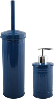 Spirella MSV Toiletborstel in houder 38 cm/zeeppompje set Industrial - metaal - blauw - Badkameraccessoireset