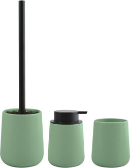 Spirella MSV Toiletborstel in houder/zeeppompje/beker - badkamer set Malmo - keramiek - groen - Badkameraccessoireset