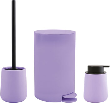Spirella MSV Toiletborstel in houder/zeeppompje/pedaalemmer - badkamer set Malmo - keramiek - lila paars - Badkameraccessoireset