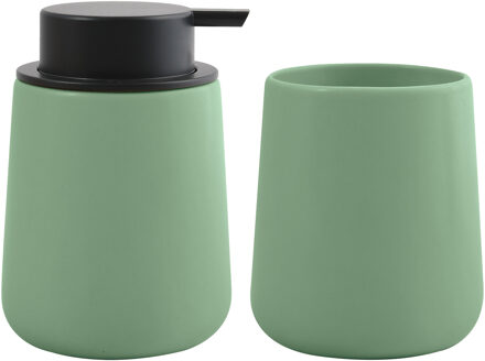 Spirella MSV Zeeppompje en drink/tandenborstel beker - badkamer set Malmo - keramiek - groen - Badkameraccessoireset