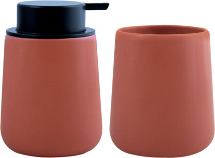 Spirella MSV Zeeppompje en drink/tandenborstel beker - badkamer set Malmo - keramiek - terracotta - Badkameraccessoireset Bruin