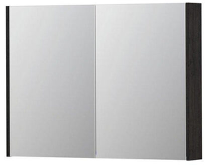 SPK2 spiegelkast met 2 dubbelzijdige spiegeldeuren, 4 verstelbare glazen planchetten, stopcontact en schakelaar 100 x 14 x 73 cm, houtskool eiken