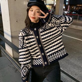 Spliced Vrouwen Vest Lente Vrijetijdsbesteding Mode Elegante Knop Slanke All-Match O-hals Tops Studenten Chic Gebreide Vrouwelijke Ins marine blauw / Xl