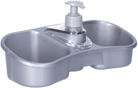 Sponsbakje met zeeppompje - zilver - kunststof - 27 x 11 x 23 cm