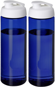 Sport bidon Hi-eco gerecycled kunststof - 2x - drinkfles/waterfles - blauw/wit - 850 ml - Drinkflessen