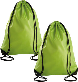 Sport gymtas/draagtas met rijgkoord - 2x - lime groen - 34 x 44 cm - polyester - verstevigde hoeken