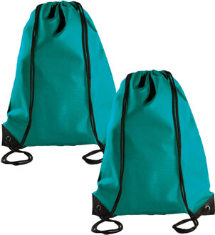 Sport gymtas/draagtas met rijgkoord - 2x - smaragd groen - 34 x 44 cm - polyester - verstevigde hoek