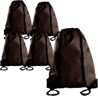 Sport gymtas/draagtas met rijgkoord - 5x - bruin - 34 x 44 cm - polyester - verstevigde hoeken