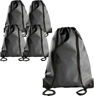 Sport gymtas/draagtas met rijgkoord - 5x - donkergrijs - 34 x 44 cm - polyester - verstevigde hoeken