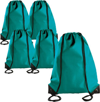 Sport gymtas/draagtas met rijgkoord - 5x - smaragd groen - 34 x 44 cm - polyester - verstevigde hoek