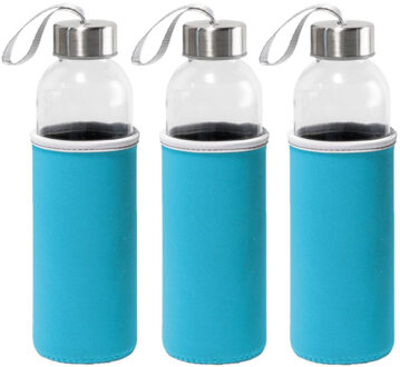 Sport waterfles/drinkfles - 3x - met softshell beschermhoes blauw - 520 ml - Sportfles - Bidon