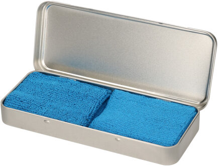 Sport zweetbandjes set - 2x stuks - blauw - in metalen opslag / bewaar doosje - sport artikelen
