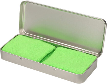 Sport zweetbandjes set - 2x stuks - lime groen - in metalen opslag / bewaar doosje - sport artikelen