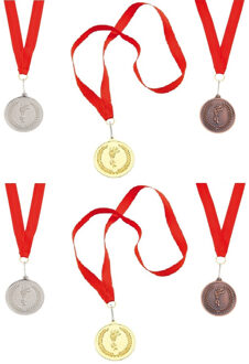Sportprijzen medailles setje - 6x stuks - goud-zilver-brons - aan rood halslint - sportdag prijzen