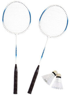 SportX Badminton set - blauw/wit - 2 shuttles - 2 rackets - in opbergtas - 66 cm