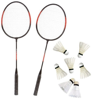 SportX Badminton set rood/zwart met 7x shuttles en opbergtas
