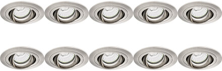 Spot Armatuur 10 Pack - Pragmi Alpin Pro - GU10 Inbouwspot - Rond - Nikkel - Aluminium - Kantelbaar - Ø92mm Zilverkleurig