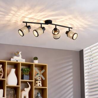 Spot Yaelle, 76 cm, 4-lamps, rotan, zwart, E27 hel hout