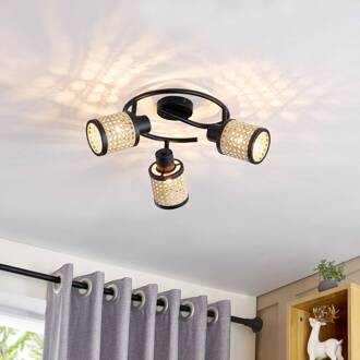 spot Yaelle, Ø 30 cm, 3-lamps, rotan, zwart, E27 licht hout