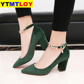 Spring Autumn Women Pumps Sexy buckles High Heels Shoes Fashion Pointed Toe Wedding Party Square Heel String Bead Casual