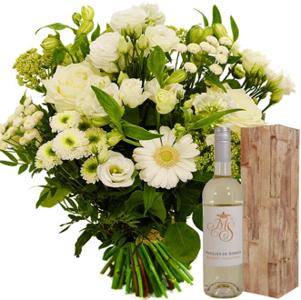 Springerig wit boeket + fles witte wijn
