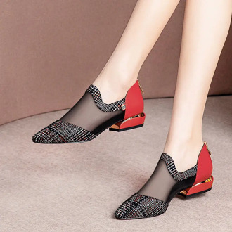 Square Heel Shoe Woman 2020 NEW Spring Summer Low Heels Casual Mesh Work Shoes Pointed toe For Female Sandals Fashion Black Red