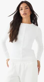 Square Script Geborduurde Rib Top Met Knoopdetail En Lange Mouwen, White