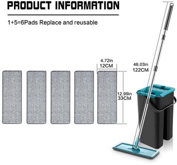 Squeeze Mop Met Emmer Hand Gratis Vloer Mop Huishoudelijke Schoonmaken Tool 360 Roterende Flat Mops zwart 6 cloth