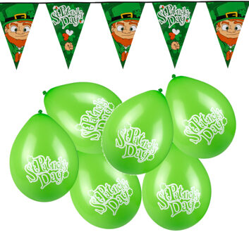 St Patricks Day versierpakket met 1x vlaggenlijn en 12x ballonnen - Feestslingers Groen