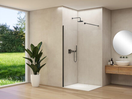 ST01 vaste wand - 78x200cm - helder glas - - dikte 8mm - stabilisatiestang - muurprofiel - zwart ST0150080HEZWM