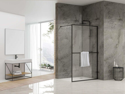 ST04 Vaste wand - 89.5x200cm - helder glas - dikte 8mm - incl. stabilisatiestang - incl. handdoekhouder - zwart mat ST0490KPH