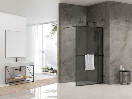 ST04 Vaste wand - 99.5x200cm - rookglas - dikte 8mm - incl. handdoekhouder incl. stabilisatiestang - 120cm - zwart mat ST04100KPHGR