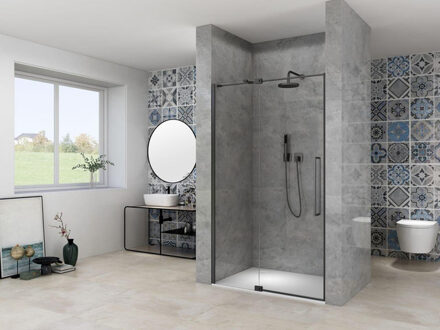 ST08 Nis Draaideur - 110x200cm - helder glas - dikte 8mm - 2 delig - muurprofiel - stabilisatiestang - Zwart ST08300110HEZW