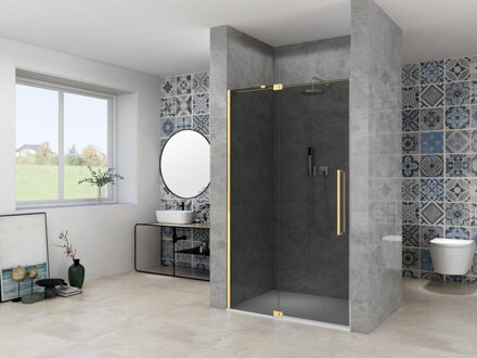 ST08 Nis draaideur - 120x200cm - grijs rookglas - dikte 8mm - 2 delig - muurprofiel - stabilisatiestang - Messing ST08300120GRSB Messing (goud)